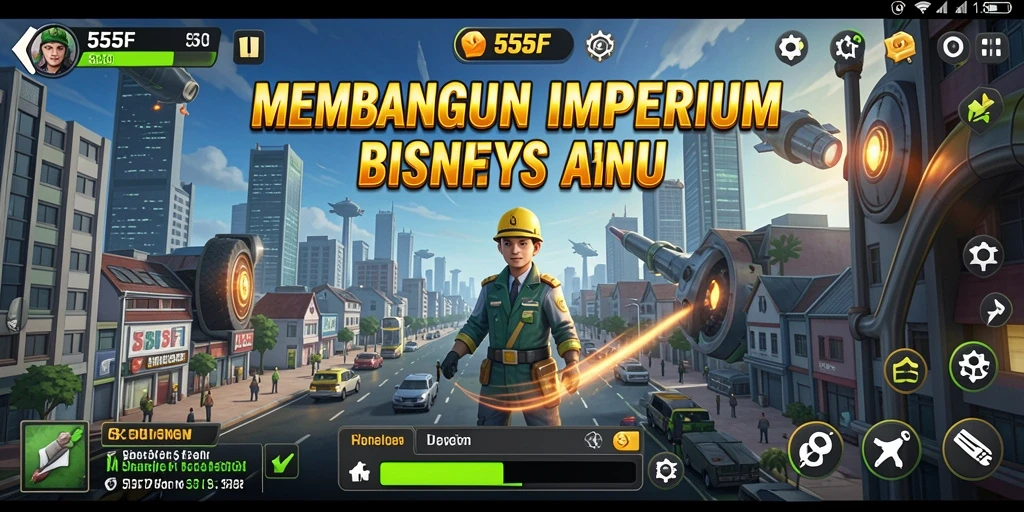 Screenshot gameplay yang menarik dalam 555F, menunjukkan pengelolaan bisnis.