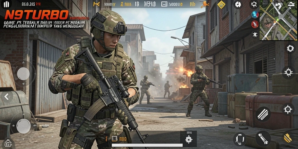 Tampilan mendebarkan dari gameplay N9TURBO dalam aksi FPS.