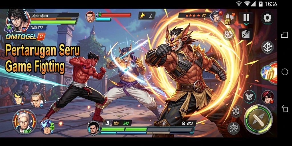 Screenshot OMTOGEL menampilkan karakter bertarung dalam arena yang dinamis.