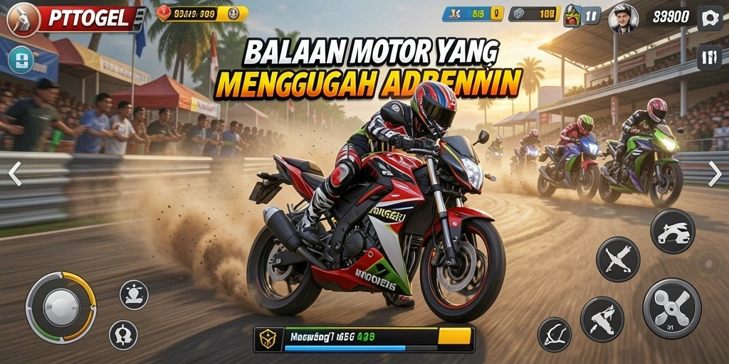 Screenshot gameplay PTTOGEL menunjukkan aksi balapan motor yang mendebarkan.