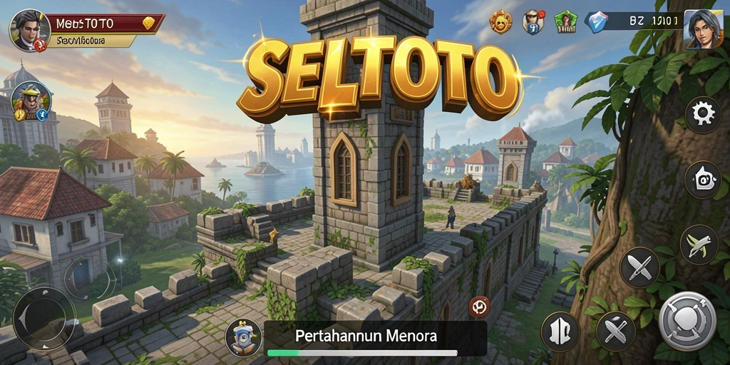 Tangkapan layar SELTOTO menampilkan pertempuran menara yang seru dengan musuh yang menyerang.