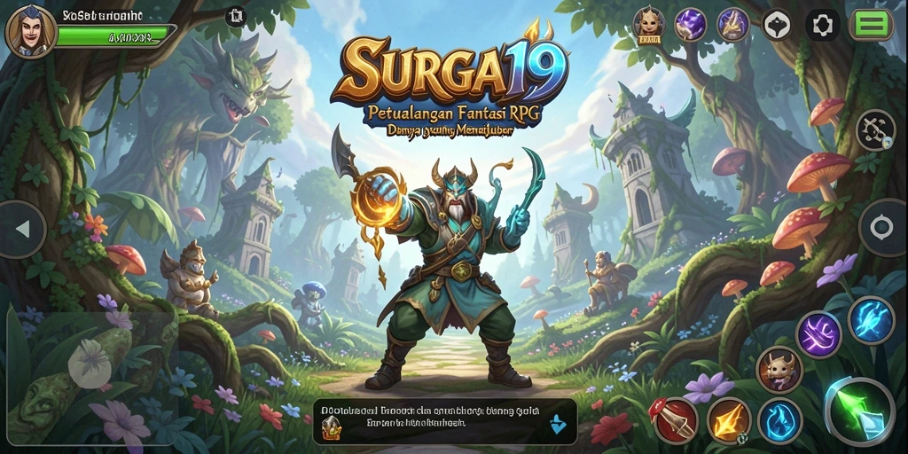 Screenshot utama SURGA19 menampilkan pertempuran epik di dunia RPG yang hidup.